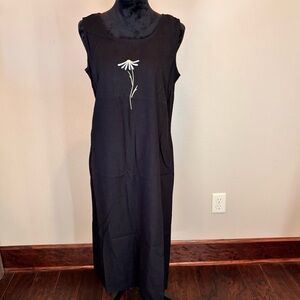 Vintage Linen Blend Black Sleeveless Dress with Daisy Embroidery, Large (14-16)